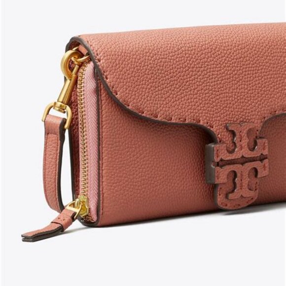 TORY BURCH MCGRAW WALLET CROSSBODY IN DARK CIDER LEATHER RETAIL $298 - Picture 1 of 6